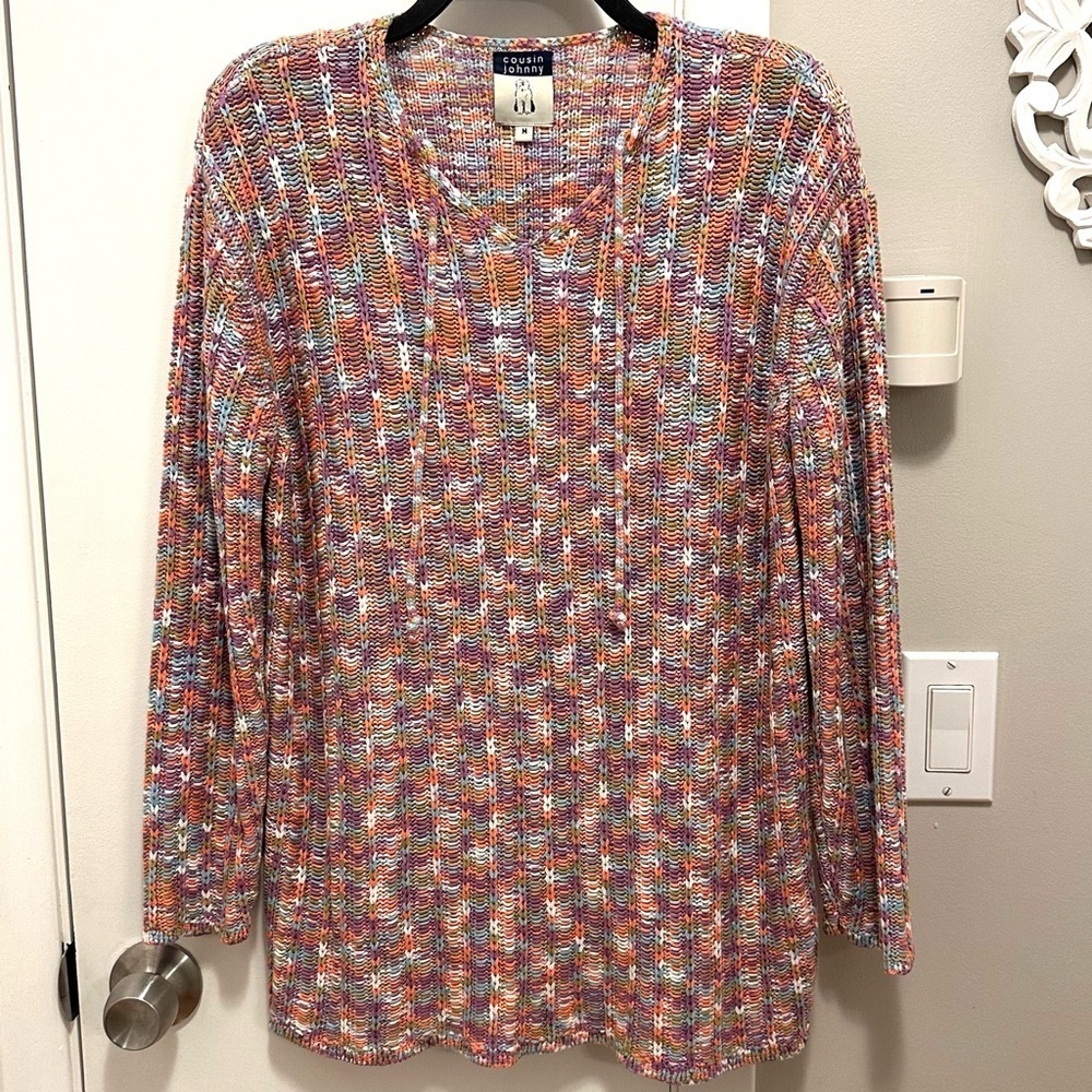 Anthropologie Cousin Johnny Multicolor Crochet Knit Sweater Women M peach purple